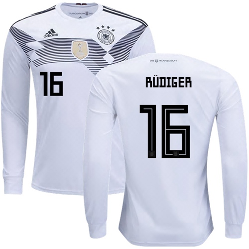 Germany #16 Rudiger White Home Long Sleeves Soccer Country Jersey - Click Image to Close